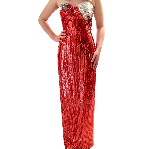 Vintage Las Vegas Alyce Designs Red Sequin Evening Gown Strapless 1980-1990s - Picture 16 of 16